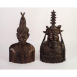 PAIR OF BENIN CARVED EBONY BUST OF MEN WITH ELABORATE, CEREMONIAL HEADDRESSES, 17? (43.2cm) high, (