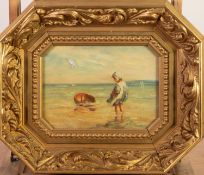 EARLY TWENTIETH CENTURY CONTINENTAL SCHOOL  OIL PAINTING ON PANEL  A little girl paddling in the