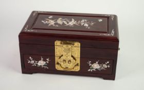 MODERN CHINESE GILT METAL MOUNTED HARDWOOD JEWELLERY BOX, the hinged lid and basal drawer front with