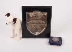 HIS MASTERS VOICE (HMV) EMBOSSED SILVER SHIELD SHAPED PLAQUE 1937  'To Commemorate your