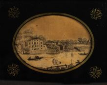 19th CENTURY OVAL PICTURE believed to have been embroidered with human hair, with a country house