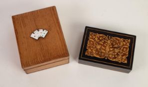 EARLY 20th CENTURY WOODEN PLAYING CARD BOX, the top with four enamelled playing cards; ANOTHER SMALL