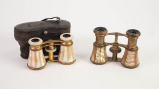 PAIR OF CHEVALIER PARIS, EARLY TWENTIETH GILT BRASS AND MOTHER O'PEARL CLAD OPERA GLASSES, with