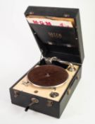 DECCA 50 SPRING DRIVEN TABLE TOP GRAMAPHONE, black, the interior with cream bed in good working
