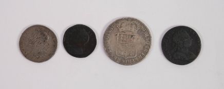 WILLIAM & MARY SILVER HALF CROWN 1689, badly worn, together with GEORGE II SILVER SHILLING 1758 (F);