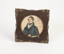 LATE NINETEENTH COLOUR DRAWING IN MINIATURE, HALF LENGTH PORTRAIT OF A YOUNG GENTLEMAN, in green