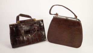 LADY?S VINTAGE DEL PRADO BROWN SNAKESKIN HAND BAG, with brown and cream leather fitted interior