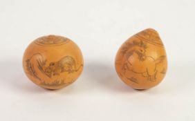 SMALL CHINESE NATURAL GOURD INCISED DECORATED WITH A RAT IN A LANDSCAPE, with seven lines of text,
