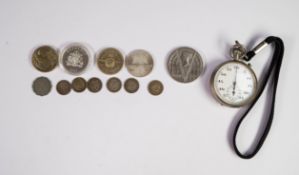 MID TWENTIETH CENTURY STOP WATCH, in open face plated metal case, A SMALL SELECTION OF G.B. COINS