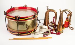 OLYMPIC PROBABLY MID TWENTIETH CENTURY PAINTED WOOD AND BRASS MARCHING BAND SNARE DRUM, with brass