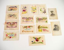 TWELVE WORLD WAR I POSTCARD SILKS, half having the silk embroidery being in the form of an envelope,