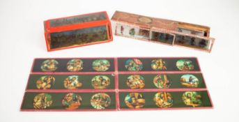 SELECTION OF MAGIC LANTERN SLIDE STRIPS WITH COLOURED IMAGES, includes a Primus box with strip