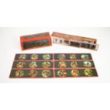 SELECTION OF MAGIC LANTERN SLIDE STRIPS WITH COLOURED IMAGES, includes a Primus box with strip