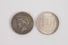AMERICAN MORGAN SILVER DOLLAR 1880, mint uncirculated and an AMERICAN SILVER PEACE DOLLAR, 1934,