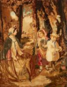 VICTORIAN CHENILLE PICTURE IN COLOURS, WOMAN SEATED WITH BOY AND GIRL in the edge of a forest, image