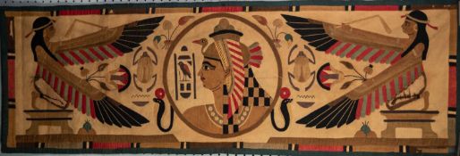 THREE CIRCA 1930's EGYPTIANESQUE FABRIC PATCHWORK PICTORIAL PANELS, one depicting a Pharaoh's