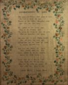 NINETEENTH CENTURY NEEDLEWORK SAMPLER  with five verse poem 'Uncertainty of Life', signed below