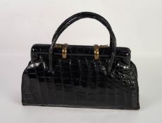 LADY?S BLACK CROCODILE SKIN HANDBAG, with MATCHING COMPACT AND CIGARETTE CASE, and gilt metal