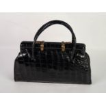 LADY?S BLACK CROCODILE SKIN HANDBAG, with MATCHING COMPACT AND CIGARETTE CASE, and gilt metal