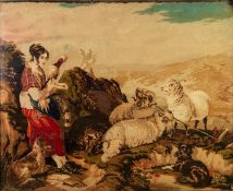 AFTER EDWIN LANDSEER - VICTORIAN 'CHENILLE' PICTURE IN COLOURS, shepherdess with dog and sheep,