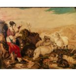 AFTER EDWIN LANDSEER - VICTORIAN 'CHENILLE' PICTURE IN COLOURS, shepherdess with dog and sheep,