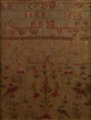NINETEENTH CENTURY ALPHABET SAMPLER, the lower half with birds and flowering plants, 12" x 9 1/4" (
