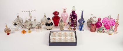 COLLECTION OF APPROX 42 MODERN DECORATED GLASS PERFUME BOTTLES including; 4 tall blown glass case