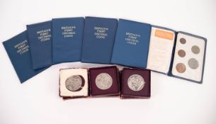 THREE FESTIVAL OF BRITAIN 1951 CROWN COINS, in original card cases with related leaflet.  TOGETHER