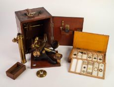 BOXED LATE NINETEENTH/EARLY TWENTIETH CENTURY LACQUERED BRASS COMPOUND MICROSCOPE, having