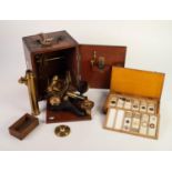 BOXED LATE NINETEENTH/EARLY TWENTIETH CENTURY LACQUERED BRASS COMPOUND MICROSCOPE, having