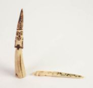 A SMALL KNIFE WITH STEEL BLADE, EUROPEAN CARVED IVORY HERALDIC HANDLE AND FOLIATE SCROLL PIERCED
