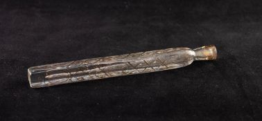 ANTIQUE GLASS LONG SQUARE SECTION SCENT PHIAL,  with simple latice and dot and leaf pattern in
