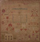GEORGE III NEEDLWORK SAMPLER with letters of the alphabet, numerals, crowns with letters beneath,