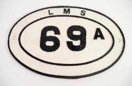 HEAVY L.M.S. CAST IRON OVAL BRIDGE PLATE, BLACK ON WHITE , LMS 69A  17 3/4" x 11 5/8" (45.2cm x 29.