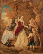 VICTORIAN CHENILLE PICTURE IN COLOURS, WOODLAND CLEARING WITH TWO GIRLS AND A GYPSY FORTUNE