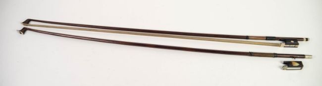 GERMAN SILVER MOUNTED VIOLIN BOW, stamped Grimm with turned stick and  ANOTHER  mainly octagonal