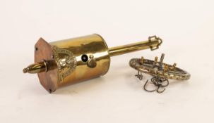 JOHN LINWOOD WARRANTED BRASS MECHANICAL SPIT, stamped 2, with ring and suspension hooks, (2)