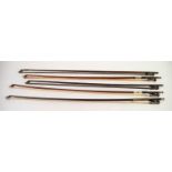 FIVE VARIOUS VIOLIN BOWS, ONE ONLY WITH TURNED STICK