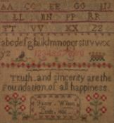 WILLIAM IV NEEDLEWORK SAMPLER with letters of the alphabet, numerals, a two line verse and