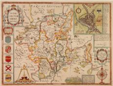 ANTIQUE HAND COLOURED MAP OF WORCESTERSHIRE, DESCRIBED BY CHRISTOPHER SAXTON, PUBLISHED BY JOHN