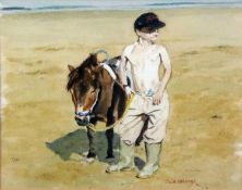 JULIA STROTHER (TWENTIETH/ TWENTY FIRST CENTURY) WATERCOLOUR DRAWING Beach scene with boy and donkey