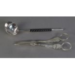 PAIR OF ELECTROPLATE GRAPE SCISSORS, with fruiting vine engraved decoration and a SMALL TODDY LADLE,