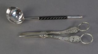 PAIR OF ELECTROPLATE GRAPE SCISSORS, with fruiting vine engraved decoration and a SMALL TODDY LADLE,