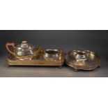 THREE PIECE ELECTROPLATED TEA SET, of part fluted oval form with brown angular scroll handle and