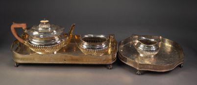 THREE PIECE ELECTROPLATED TEA SET, of part fluted oval form with brown angular scroll handle and