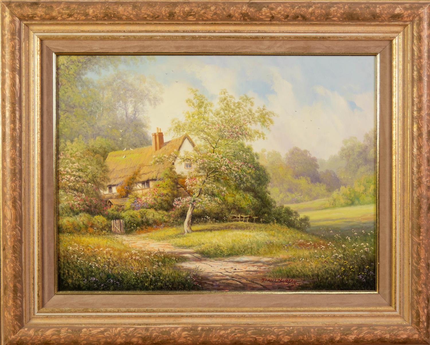 PAUL MORGAN (b.1940) OIL ON BOARD Thatched cottage in a wooded landscape Signed 11 ¼? x 15 ¼? (28. - Image 2 of 2