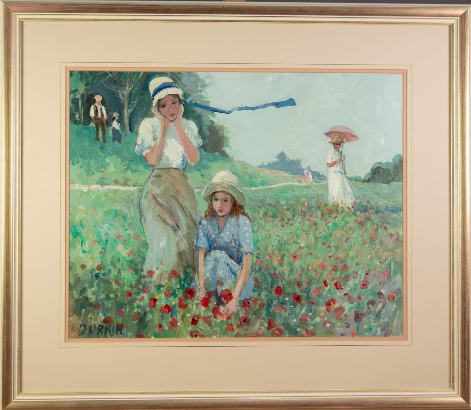 TOM DURKIN (1928-1990) ACRYLIC ON BOARD, behind glass ?Picking Poppies? Signed, titled to Unicorn - Image 2 of 2