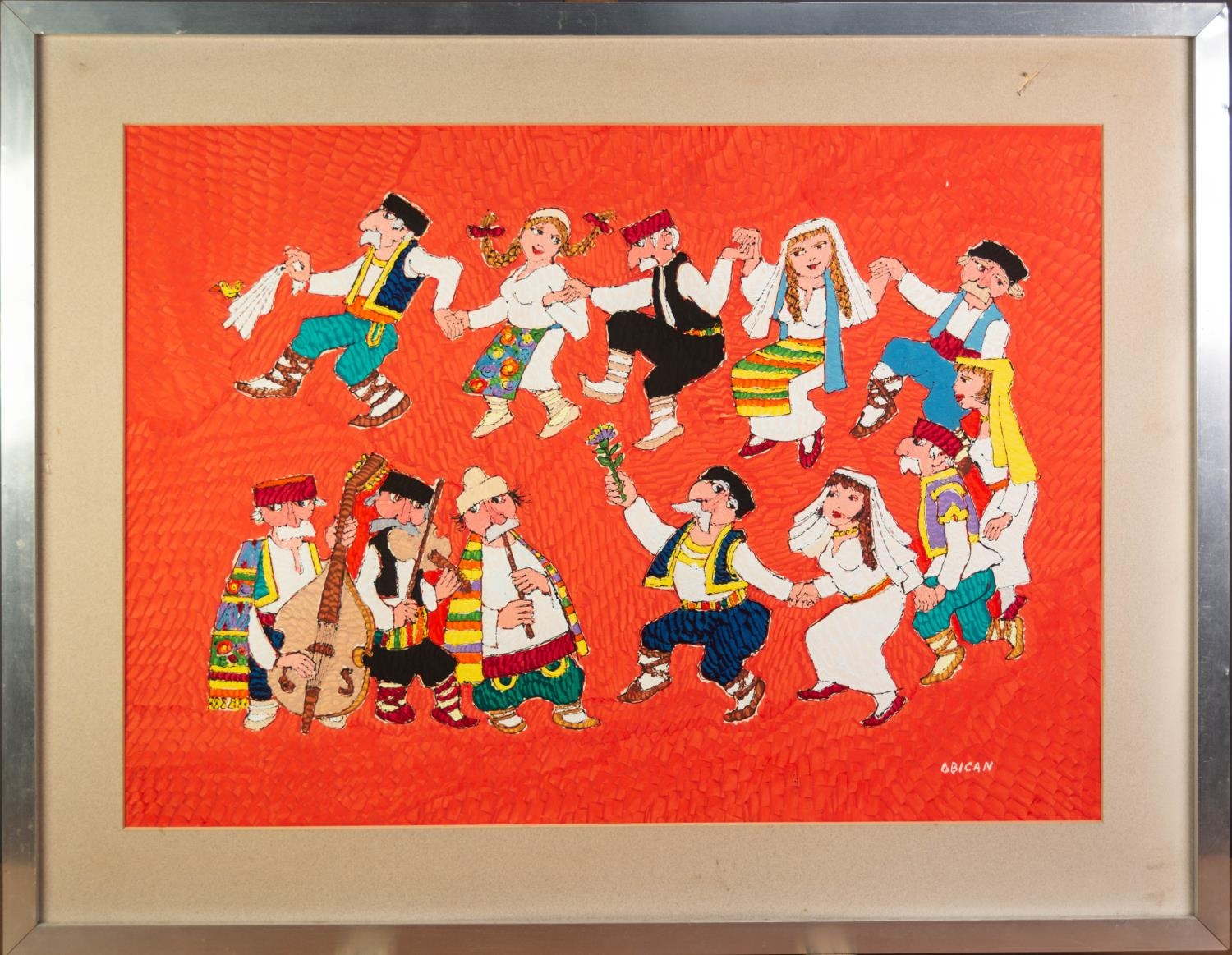 JOVAN OBICAN (1918-1986) ACRYLIC PAINTING Folk dancers and a trio of musicians Signed 18? x 25? ( - Image 2 of 2