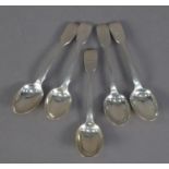 SET OF FIVE VICTORIAN IRISH SILVER FIDDLE PATTERN TEASPOONS, with fir tree crest, Dublin 1869, 2.