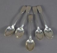 SET OF FIVE VICTORIAN IRISH SILVER FIDDLE PATTERN TEASPOONS, with fir tree crest, Dublin 1869, 2.